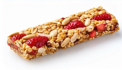 cookies and berries. Strawberry oat and nut bar isolated on transparent or white background . granola bar with nuts