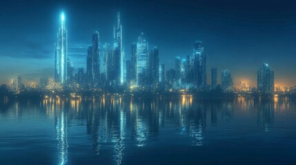 Futuristic City Skyline at Night with Glowing Blue Lights and Water Reflection