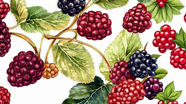 Vibrant illustration showcasing lush blackberries and raspberries entwined with leaves in a colorful display