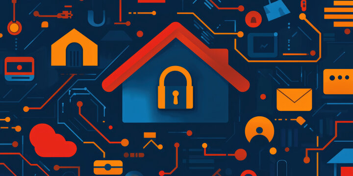 A modern illustration depicting a secure home with a padlock, surrounded by digital icons representing technology and connectivity.