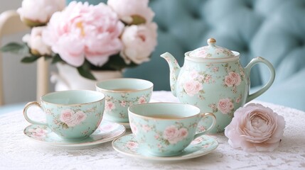 Floral tea set with roses on a table.