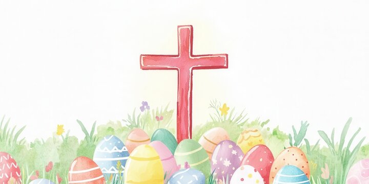Colorful Easter eggs surround a prominent red cross in grass.
