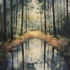 Painting of a forest with a stream running through it. The water is calm and the trees are tall and green