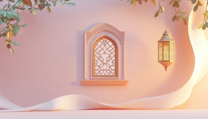Elegant Ramadan Background Pink Wall Ornate Window Lantern Leaves