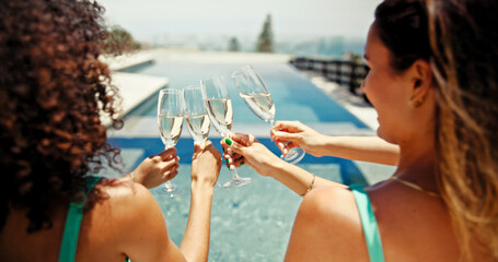 Champagne, cheers and luxury with friends at pool for spa resort, celebration and travel...