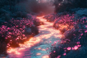 Fototapeta premium Magical River of Glowing Flowers: A Dreamlike Fantasy Landscape