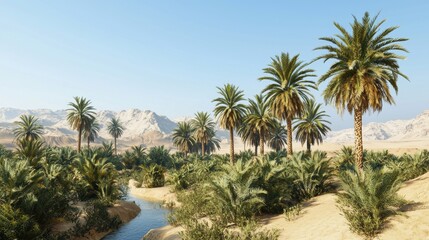 Lush Oasis Surrounded by Desert Landscape with Palm Trees and Mountains