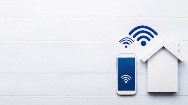 A smartphone and a house icon with Wi-Fi signals, symbolizing smart home connectivity and wireless technology.