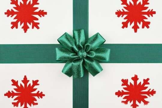 Festive Gift Box with Green Ribbon and Red Snowflake Patterns
