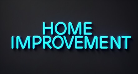home improvement word lettering with neon blue glow on plain black dark background