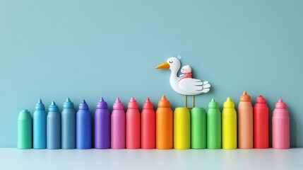 Fototapeta premium Colorful bottles and a stork carrying a baby, a cute illustration perfect for baby announcements or nursery decorations.