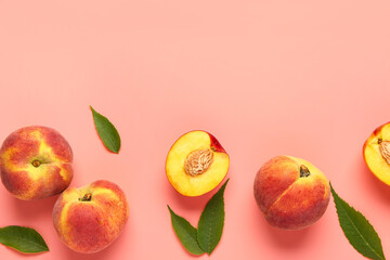 Sweet peaches and leaves on pink background