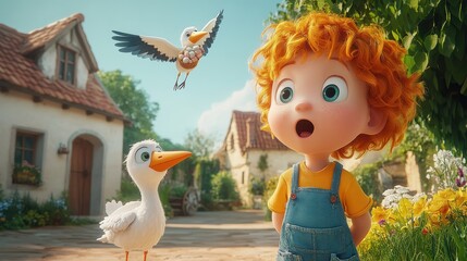 A child's amazed expression as storks deliver eggs.  A whimsical animated scene filled with charm and wonder.