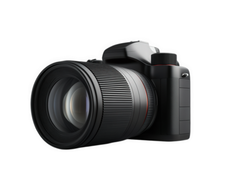 Professional camera with lens, isolated on transparency background, ideal for photography enthusiasts and professionals. Capture stunning images with this high quality equipment