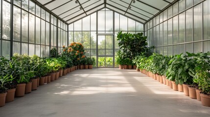Lush Greenhouse Interior with Potted Plants and Natural Light