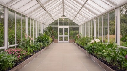 Serene Glasshouse Interior with Lush Green Plants and Pathway