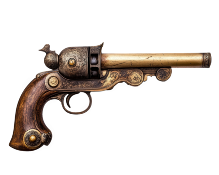 Antique pistol with ornate design and wooden grip, showcasing craftsmanship and historical significance. Perfect for collectors and enthusiasts of vintage firearms