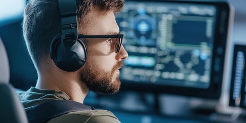 leadership development concept. Focused man in headphones working at a computer station.
