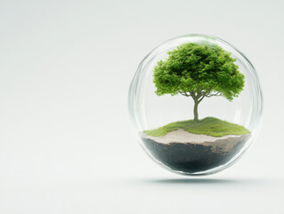 single vibrant tree growing inside clear glass bubble, symbolizing nature resilience and beauty. lush green leaves contrast with transparent glass, creating serene atmosphere