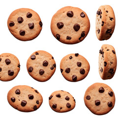 A batch of freshly baked chocolate chip cookies with melted chocolate chips and crisp edges isolated on a clean PNG background, ideal for food photography, recipe books, and bakery-related designs.