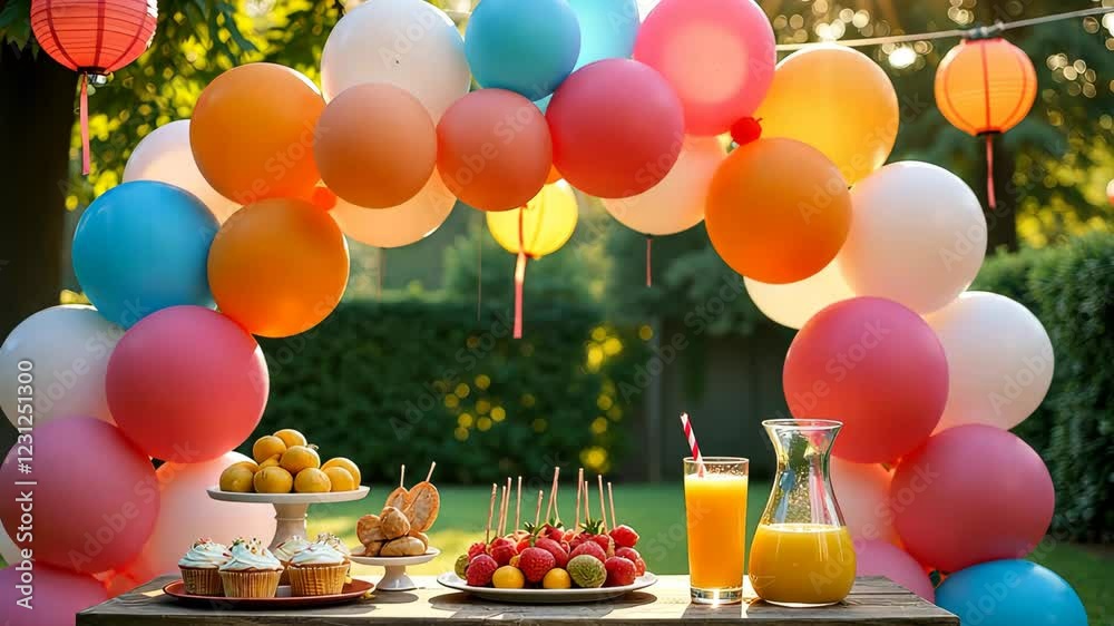 Poster a table with a bunch of balloons and a glass of orange juice. there are also cupcakes and fruit on t