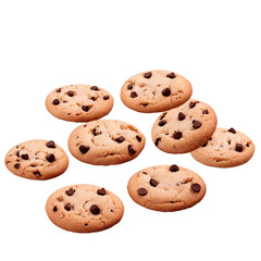Deliciously freshly baked chocolate chip cookies with gooey chocolate pieces isolated on a clean PNG background, perfect for sweet treat illustrations, holiday baking visuals, and culinary marketing p
