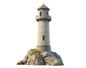 realistic lighthouse standing on rocky base, showcasing intricate architectural details and charming design. This structure symbolizes guidance and safety by sea
