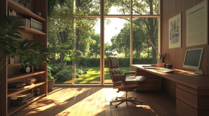 51.A cozy workspace with a clean wooden desk and contemporary chair, set against large glass windows that overlook a green garden, with minimalistic decor and a lush indoor plant for ambiance.
