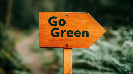 Wooden sign directing to Go Green in lush forest, promoting environmental awareness and sustainability. symbol of nature beauty and conservation efforts