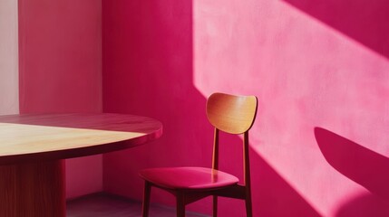 A Minimalist Scene With A Wooden Chair And Table Against A Vibrant Pink Wall. Sunlight Casts Shadows, Creating A Calm, Stylish Atmosphere.