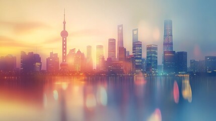 Obraz premium A breathtaking view of a modern city skyline at sunset, with vibrant colors reflecting on the water, creating a serene urban landscape.