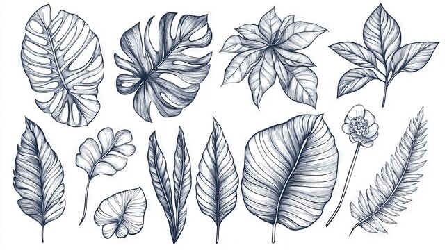 94.A detailed set of botanical illustrations drawn in a continuous line style, emphasizing simplicity and elegance, ideal for modern decorative prints.