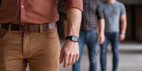 leadership development concept. Stylish men showcasing casual fashion in a social setting.