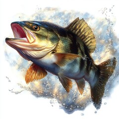Realistic illustration of leaping bass fish dynamic colors aquatic background