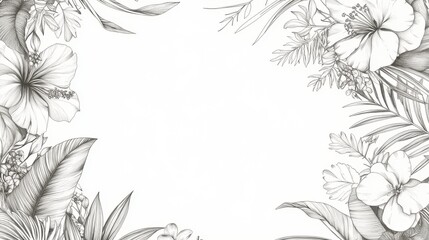 45.A fine-line illustration of tropical greenery with hand-drawn flowers and ferns, intricately arranged in a circular frame, perfect for use as a coloring page.