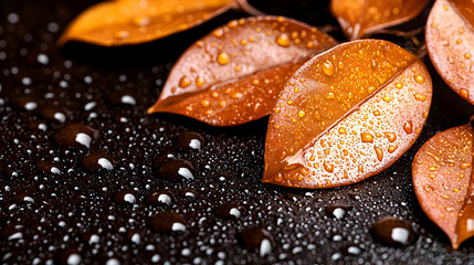 Autumn leaves, water drops, dark background, spa concept