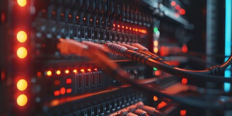 Fototapeta premium Highly detailed close-up of fiber optic cables transferring data at lightning speeds through high-performance networking equipment.