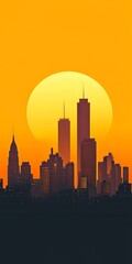 Obraz premium Captivating city skyline silhouette at sunset, featuring towering skyscrapers and a radiant sun setting in the orange sky.