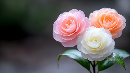 Fototapeta premium Three Camellia Blossoms, Garden, Close-up, Soft Focus