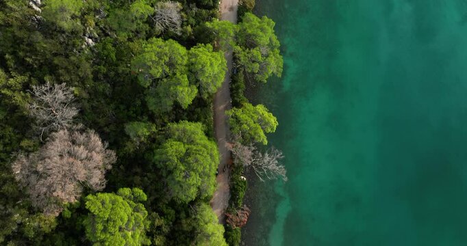 Aerial fly above cliff side road, people biking at Mljet Island in Croatia, Adriatic islands of the Dalmatia region, green forest and blue lagoon
