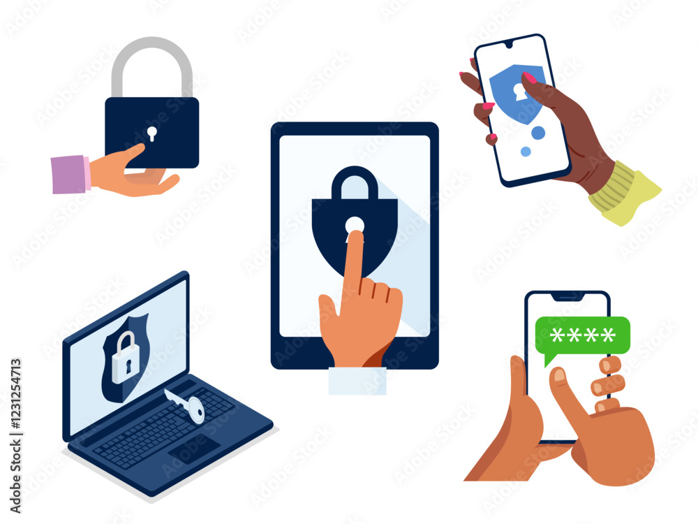 Wall mural characters holding smartphone laptop typing two factor authentication code pin verify security acces