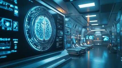 Fototapeta premium Futuristic Medical Control Room With Glowing Blue Brain Interface