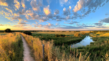 Obraz premium Sunset path beside river in pampas grassland