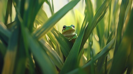 102.A scene showcasing a small green tree frog hidden among the layered leaves of a plant, with the natural textures and lighting of a Florida prairie preserve.