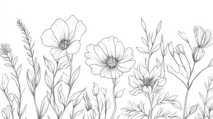 80.A seamless floral vector featuring intricately hand-drawn wildflowers and botanical plants, arranged elegantly with fine line details for a timeless garden-inspired design.