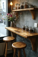 Rustic wooden counter with stools, jars, and flowers.