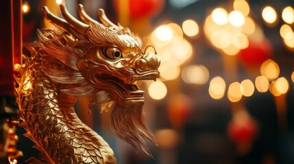 Fototapeta premium Golden Dragon Statue Close Up at Night with Warm Lights