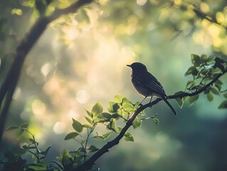 Obraz premium A small bird perched on a tree branch with sunlit leaves in the background