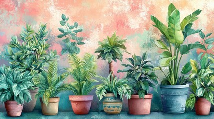 39.A seamless pattern of stylized potted plants with various textures, vibrant greens, and decorative pots, arranged symmetrically on a pastel background.