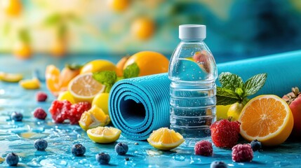 Refreshing hydration scene with water bottle citrus fruits yoga mat indoor ambiance close-up focus on wellness